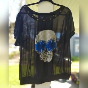 Torrid Sheer Skull Blue Rose Stud Blouse